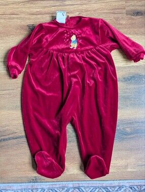 Vintage Baby Classic Winnie The Pooh Velvet Baby Footed Jumpsuit in Deep Red 12m